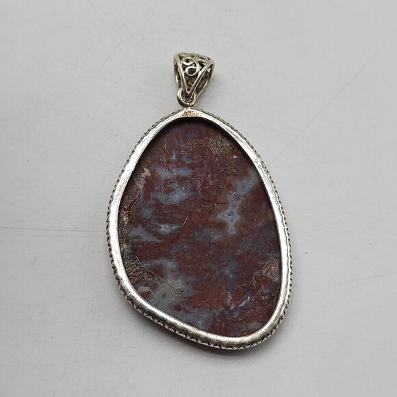 Large Polished Red Blue Moss Agate Stone Pendant With Ornate Silver Bail - Picture 4 of 7